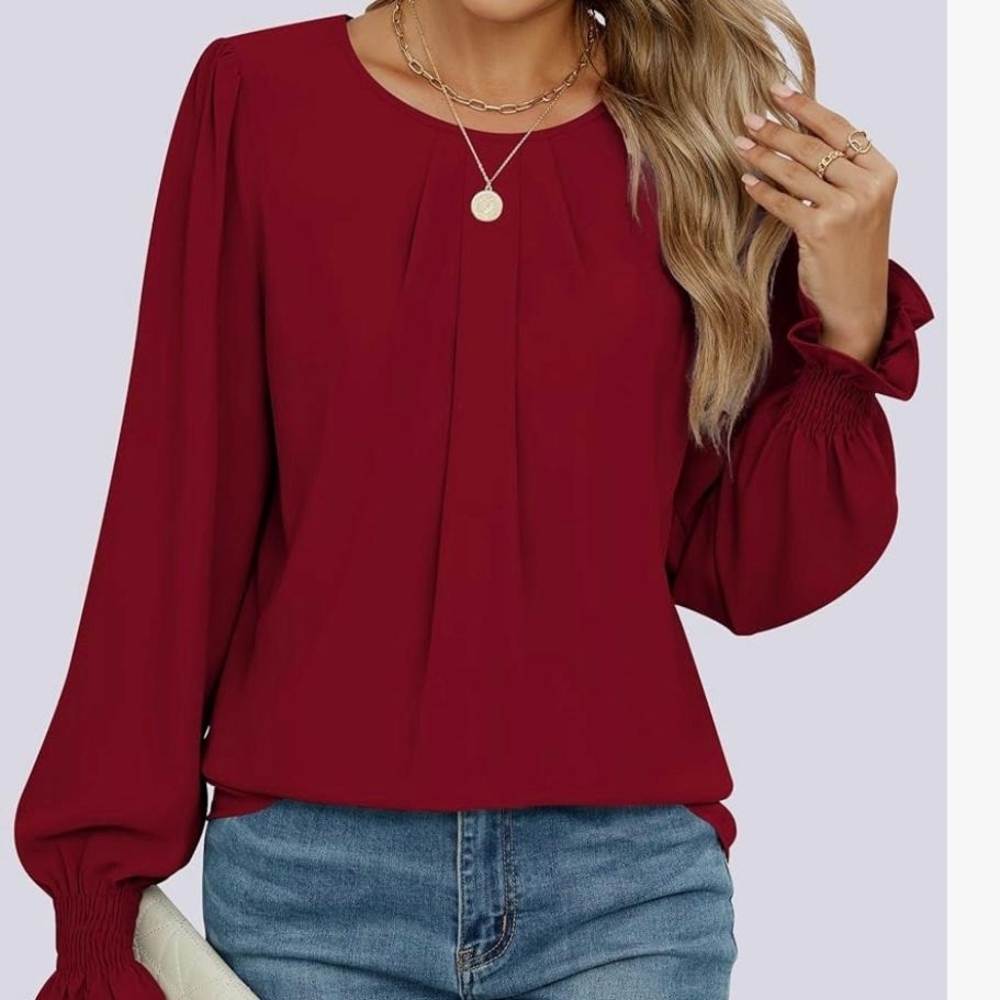 Curvy Elegant Women's Burgundy Long-Sleeve Pleated Blouse